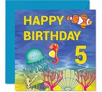 Tarjeta de 5º cumpleaños para niño y niña, tarjeta de cumpleaños Sealife, tarjeta de feliz cumpleaños para niño de 5 años, tarjetas de cumpleaños para él y ella, tarjeta de felicitación de 145 mm x