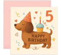 Tarjeta de 5º cumpleaños para niños - Lindo perro salchicha cachorro con diseño de magdalenas, para hija de 5 años, hijo, sobrina, nieta, hermana, hermano