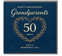 Tarjeta de 50 aniversario para abuelos, boda dorada, elegante corona de corazón dorado en azul marino, feliz aniversario, ten un día maravilloso