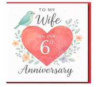 Tarjeta de 6º aniversario con texto en inglés «To My Wife», corazón de acuarela con pájaro azul y diseño floral, tarjeta romántica de nuestro sexto aniversario de boda para esposa