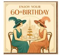 Tarjeta de 60 cumpleaños, diseño Art Deco Tea Party con dos elegantes damas, estilo vintage de los años 20, perfil de la ciudad, tarjeta de 60 cumpleaños para ella