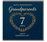 Tarjeta de 7º aniversario para abuelos, elegante azul marino con corona de corazón dorado, feliz aniversario, ten un día maravilloso