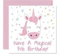Tarjeta de 7º cumpleaños divertida - Espolvoreo de magia y risitas - Unicornio alegre con estrellas coloridas para un séptimo cumpleaños - Cuadrado de 145 mm, sobre incluido