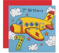 Tarjeta de 7º cumpleaños divertida - Up, Up and Hooray! - Avión de dibujos animados brillante con número 7, nubes y estrellas - cuadrado de 145 mm, sobre incluido