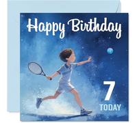 Tarjeta de 7º cumpleaños juguetona - Juego de juego Match for a Smashing 7th - Tennis-mad Boy in Action Against Bold Blue - Explosión de energía deportiva de cumpleaños - cuadrado de 145 mm, sobre
