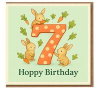 Tarjeta de 7º cumpleaños para niños, diseño de búhos con lindos conejitos y zanahorias, diseño de lunares número siete, tarjeta infantil temática de conejo