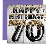 Tarjeta de 70 cumpleaños para hombre, globos negros y dorados con purpurina, tarjetas de feliz cumpleaños para hombre de 70 años, papá, abuelo, abuelo, abuelo, abuelo, abuelo, abuelo, 145 mm x 145 mm, tarjetas de felicitación de setenta y setenta y siete años
