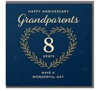 Tarjeta de 8º aniversario para abuelos, elegante azul marino con corona de corazón dorado, feliz aniversario, abuelos, 8 años, ten un día maravilloso