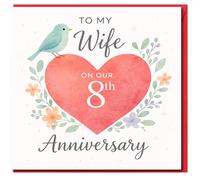Tarjeta de 8º aniversario para mi esposa, corazón rojo con flores y pájaro azul, tarjeta romántica para esposa en nuestro octavo aniversario