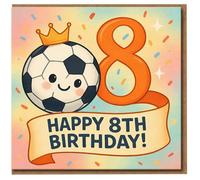 Tarjeta de 8º cumpleaños de fútbol para niños, bonita bola coronada y número 8 grande, tarjeta de feliz 8º cumpleaños para niños, diversión colorida para niños o niñas