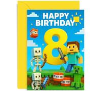 Tarjeta de 8º cumpleaños para jugador, diseño de bloques de minas, controlador de juegos nivel 8, 8 años hoy, para bisnieto, hijo, sobrino, hermano, interior en blanco con sobre