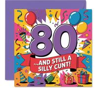 Tarjeta de 80 cumpleaños con texto en inglés "Eighty and Still a Mischief-Maker" - Diseño multicolor atrevido con globos festivos y confeti - Seguro que levantará una risa - Cuadrado de 145 mm, sobre