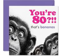 Tarjeta de 80 cumpleaños con texto en inglés «You're 80? That's Bananas!» - Trío de chimpancés sorprendido con letras rosas y moradas - Cuadrado de 145 mm, sobre incluido