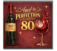 Tarjeta de 80 cumpleaños - tema de vino envejecido a la perfección, botella de vino tinto y vaso, letras doradas, 80 hoy, para él o ella