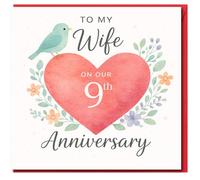 Tarjeta de 9º aniversario con texto en inglés «To My Wife» con corazón de acuarela con flores y pájaro azul, tarjeta romántica de aniversario para esposa