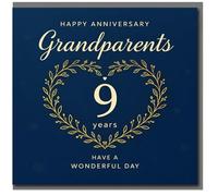 Tarjeta de 9º aniversario para abuelos, azul marino con corona de corazón de hoja dorada, feliz aniversario para abuelos, 9 años, ten un día maravilloso