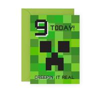 Tarjeta de 9º cumpleaños inspirada en Minecraft - 'Creeping It Real 9' regalos para jugadores, niños, hijos, sobrinos, sobrinas, niñas, nietos, vecinos y él, nueve años de edad, viene con divertidas