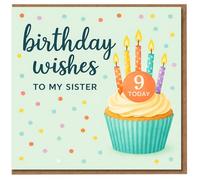 Tarjeta de 9º cumpleaños para hermana - Cupcake con velas coloridas y lunares - 'Birthday Wishes to My Sister' - Linda edad de 9 años