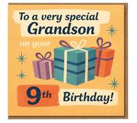 Tarjeta de 9º cumpleaños para nieto, diseño retro con texto en inglés "To a Very Special Grandson, Presents and Stars"