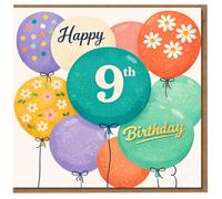 Tarjeta de 9º cumpleaños para niños, diseño de globos coloridos con flores y lunares, feliz 9º cumpleaños