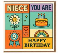 Tarjeta de 9º cumpleaños para sobrina, diseño retro de bloques de color con pastel, arco iris y roseta, mensaje "You Are" para una sobrina especial