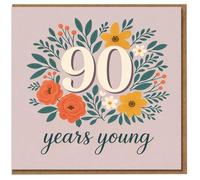 Tarjeta de 90 cumpleaños - Diseño de corona floral '90 Years Young', elegante tarjeta de hito para familiares y amigos