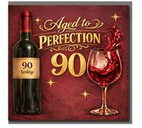 Tarjeta de 90 cumpleaños, diseño de vino envejecido a la perfección, divertida botella de vino tinto y copa, tarjeta de 90 hoy para hombres o mujeres, celebración de noventa años