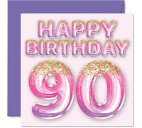 Tarjeta de 90 cumpleaños para mujer, globos de purpurina rosa y morada, tarjetas de feliz cumpleaños para mujer de 90 años, mamá, gran niñera, abuela, abuela, abuela, 145 mm x 145 mm, tarjetas de