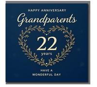 Tarjeta de aniversario 22 para abuelos, elegante azul marino con corazón floral dorado, feliz aniversario, ten un día maravilloso