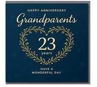 Tarjeta de aniversario 23 para abuelos, elegante corazón floral dorado en azul marino, feliz aniversario, ten un día maravilloso