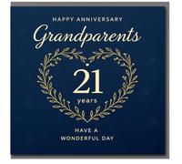 Tarjeta de aniversario de 21 años para abuelos, elegante corona de corazón azul y dorado, feliz aniversario, ten un día maravilloso