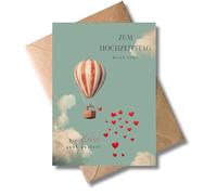 Tarjeta de aniversario de boda con sobre, tarjeta de regalo para el día de aniversario "Zum Hochzeitsg Alles Liebe" Matrimonio Globo Aerostático Corazones Cielo Nubes Viaje Aventura Tarjeta de