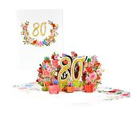 Tarjeta de aniversario de flores 3D, mensaje de bendición, 80 aniversario