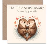 Tarjeta de aniversario de nutria - Always Otterly Devoted - Dos nutrias acurrucadas en forma de corazón con corazones flotantes - 145 mm cuadrada, sobre incluido