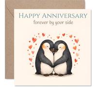 Tarjeta de aniversario de pingüino - Pingüinos abrazados en amor - Corazones de acuarela y dulce sentimiento - Una manera encantadora de celebrar tu unión - Cuadrado de 145 mm, sobre incluido