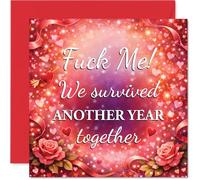 Tarjeta de aniversario descarada - Sobrevivió otro año juntos - Corazones y rosas juguetones en rosas y rojos atrevidos, día de San Valentín, cuadrado de 145 mm, sobre incluido