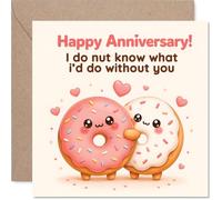Tarjeta de aniversario divertida - rociada con amor y risas - Pareja de donas kawaii compartiendo un abrazo y corazones - cuadrada de 145 mm, sobre incluido