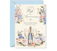 Tarjeta de aniversario para esposa, champán floral, tarjeta de feliz aniversario para esposa de marido y pareja, tarjetas de felicitación de aniversario de boda de 5 x 7 pulgadas