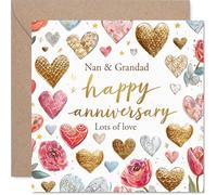 Tarjeta de aniversario sentimental para abuelos, bañada con amor, diseño de corazones y flores en oro, rosa y rojo, cuadrado de 145 mm, sobre incluido