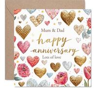 Tarjeta de aniversario sentimental para mamá y papá, cálidos deseos y amor, diseño vibrante de corazones y flores en oro, rosa y rojo, cuadrado de 145 mm, sobre incluido