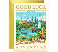 Tarjeta de aventura con texto en inglés "Good Luck on your Southeast Asia", tarjeta de viaje del sudeste asiático, tarjeta de tamaño A5 con sobre dorado