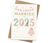 Tarjeta de boda 2025, diseño "Married in 5,143.5 cm con champán, pastel y confeti, interior en blanco con sobre de papel kraft, tarjeta de felicitación para parejas