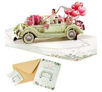 Tarjeta de boda desplegable Just Married con diseño de coche antiguo y floral: tarjeta de felicitación romántica para novia y novio, despedida de soltera, compromiso, recién casados