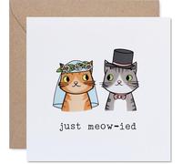 Tarjeta de boda divertida - Paws-itively Charming Celebration - Gatos de novia y novio en atuendo de boda con juego de palabras "Just Meow-ied", cuadrado de 145 mm, sobre incluido