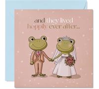 Tarjeta de boda juguetona - Hop into Married Life - Dibujos animados de novia y novio ranas sobre un fondo rosa - Romance punny con encantador estilo anfibio - cuadrado de 145 mm, sobre incluido