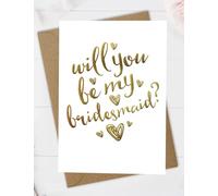 Tarjeta de boda para dama de honor en lámina dorada con texto en inglés "Will you be my Maid of Honour" (Wording: Bridesmaid)