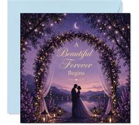 Tarjeta de boda romántica - A Beautiful Forever Begins - Pareja de ensueño junto al lago bajo un arco de flores con linternas y cielo nocturno - cuadrado de 145 mm, sobre incluido