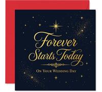 Tarjeta de boda romántica - Brillo romántico para el gran día - Elegante escritura dorada con estrellas centelleantes en azul marino profundo - 145 mm cuadrado, sobre incluido