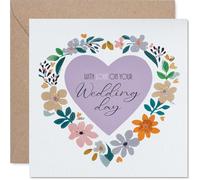 Tarjeta de boda romántica - Corona de corazón floral de celebración - Flores pintadas en lavanda vibrante y rosa - deseos cálidos para la pareja feliz - 145 mm cuadrado, sobre incluido