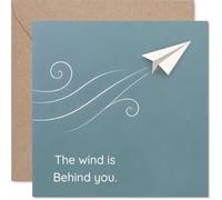 Tarjeta de buena suerte de apoyo, envío edificante, avión de papel sobre verde azulado con ilustración de viento en remolino, mensaje alentador para grandes aventuras nuevas, cuadrado de 145 mm, sobre